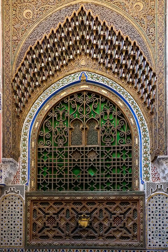 Fes-Morocco Stunning exterior of a mosque wall with hand carved plaster-metal and wood work